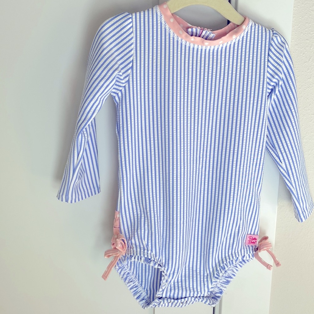 Ruffle butts Periwinkle Blue Seersucker One Piece Rash Guard